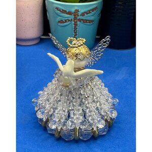 Handcrafted Crystal Bead Angel Figurine With Gold Wings & Dove Accent Decoration